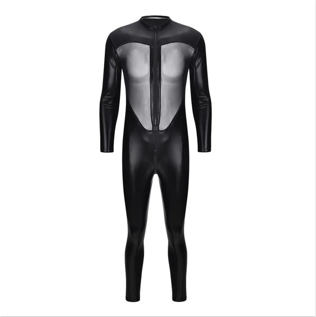 Mens Sexy Mesh Leather Jumpsuit Bodysuit Latex Fetish Gay Zipper Open Transparent Catsuit Erotic Hot Wetlook Wear Male Lingerie
