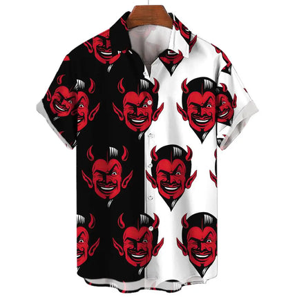 Devil Pattern Men's Shirts Oversized Shirt Loose Casual Double Patchwork Red Imp Party Festival Camisas Original