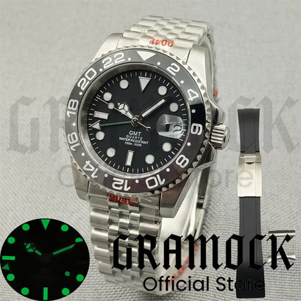 40mm GMT Men's Watch Ceramic Bezel Sapphire Glass Luminous Dial 10Bar Waterproof Sapphire Glass Stainless Steel Glideclas