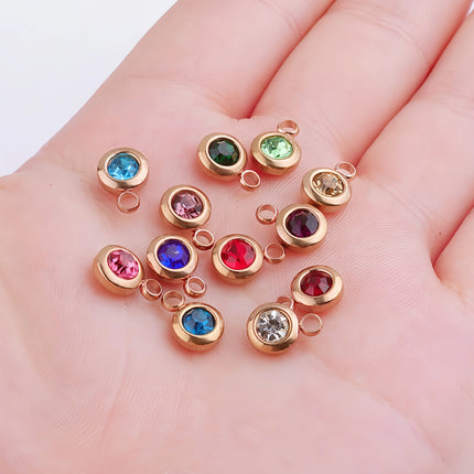 6.5mm Gold Titanium Steel Zodiac Sign Birthstone Pendant Charm Lucky Birthday Stone Cup Drill Point for DIY Jewelry Making