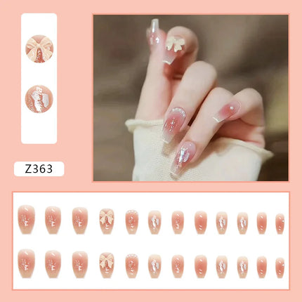 White Camellia 24 Pcs Press on Nails Pink Nail polish Glossy Artificial Finger Manicure Reusable False Nails