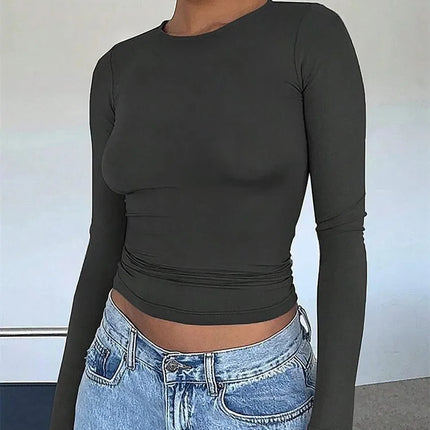 Basic Long Sleeve Crop Top for Women Spring Autumn Winter Round Neck Slim Fit Solid Color T-shirt Streetwear Tee Top