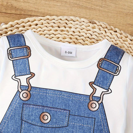 Summer  0-1  Years  Old  Infant  Baby  Boys   Fake  Denim  Print   Long  Sleeved  Casual  Baby  Clothing