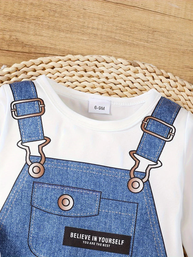 Summer 0-1 Years Old Infant Baby Boys Fake Denim Print Long Sleeved Casual Baby Clothing