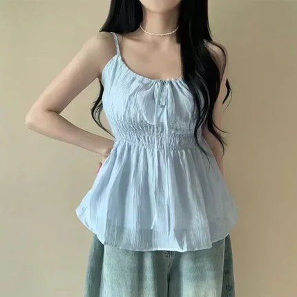 Sexy Summer Design D-string Strap Folded Waist Slimming Women's Casual Sexy Vest Top with Belt Polyester Fiber Thin Model