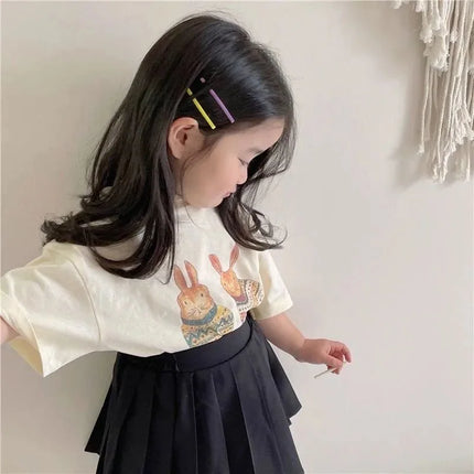 2025 Summer Kids Clothes Children Short Sleeve Korean Style Rabbit Flower Print T-Shirt Baby Girls Half Sleeve Round Neck Tops