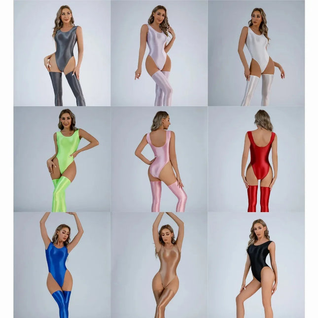 Women Sexy Oil Shiny Bodysuit Strap Solid Swimsuit Body Shaper Thong Body Shaping Sculpting Breast Slimming Wide Shoulder