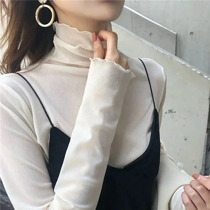 Sexy Women T Shirt See Through Transparent Mesh Tops Long Sleeve Sheer Slim Ladies Solid Turtleneck Silk T-Shirt Lace Crop Top