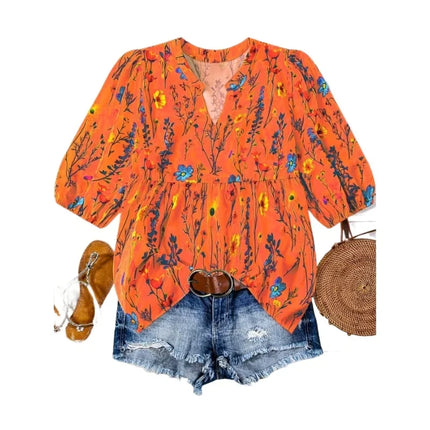 Plus Size 1XL-5XL Autumn Women's Fashion Floral V-Neck Bishop Sleeve Blouse Ladies Flower Print Elegant Casual Shirt