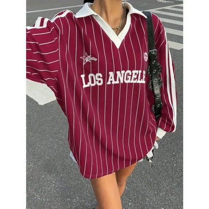Plus Size 1XL-5XL Women's Casual Striped Letter & Number Print Athletic Polo Collar Long Sleeve T-Shirt Drape Tops