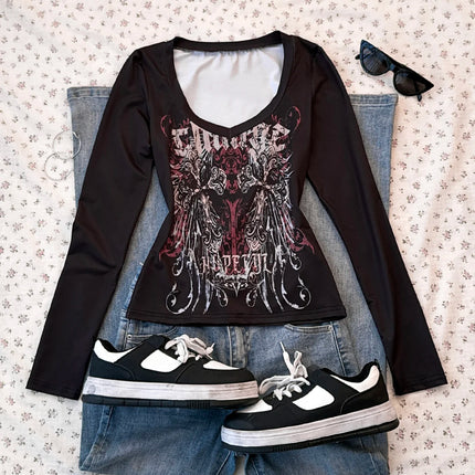 Women's Spring/Summer Retro Style Music Road Printed Long-Sleeve T-shirt