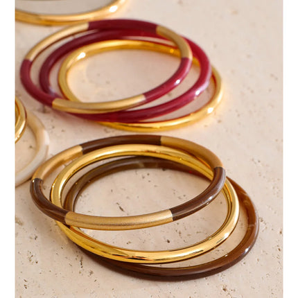 Yhpup 1Set 66mm 3 Round Circle Resin Overlay Minimalist Bracelet Bangle Set 18K Gold Plated Stainless Steel Wrist Trend Jewelry