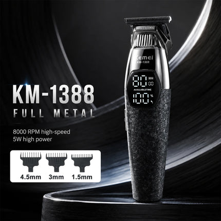 Kemei KM-1388 Full Metal Professional Hair Trimmer for Men DLC Blade T-Blade 8000RPM 5W Motor LED Display 1200mAh Hair Clipper