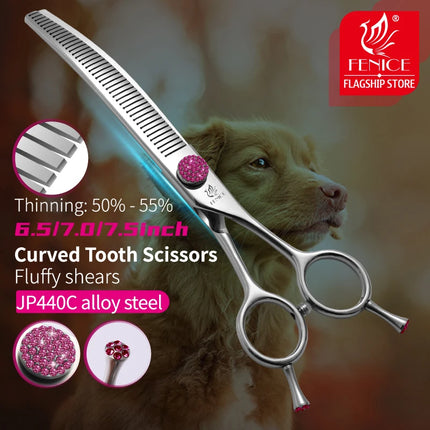 Fenice JP440C 6.5/7/7.5 inch Curved Thinning Scissors Pet Dog Grooming Shears Dog Scissors Fluffy Traceless Thinning Rate 50-55%