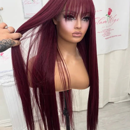 99J Burgundy Red Bone Straight Lace Front Wig With Bangs 13x4 HD Pre Plucked Glueless Synthetic pelucas On Clearance Sale