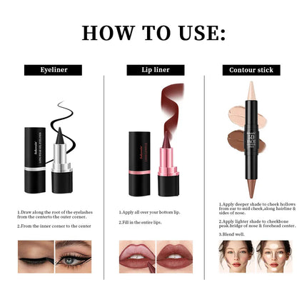 5D Perfect Makeup Set With Contouring Stick Eyeliner And Lipstick Easy Coloring Sweat-proof Long Lasting Daily Makeup Set