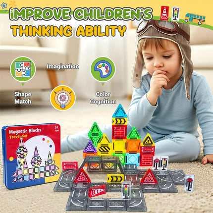 32/64/58PCS Magnetic Road Construction Set Toys For Kids Gift Magnetic Building Blocks Montessori Educational Toys With Iron Box