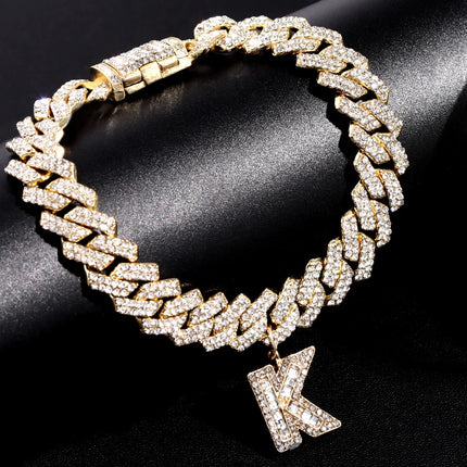 New 14MM Iced Out Cuban Chain 26 Initial Letter Anklets for Women Bling Paved Rhinestone Hip Hop Ankle Bracelet Barefoot Jewelry