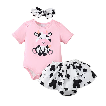 3PCS Cute Cow Pattern Baby Girl Clothes Set Short Sleeve Bodysuit+Short Skirt+Headband Summer Daily Wear for 1-18 Months Toddler