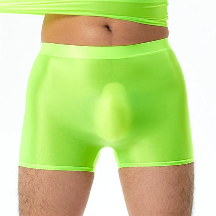 Mens Sexy Nylon Sheer Shiny Oil Boxer Shorts Underwear Solid Color Boxershorts Erotic Elastic Ice Silk Panties Underpants Cueca