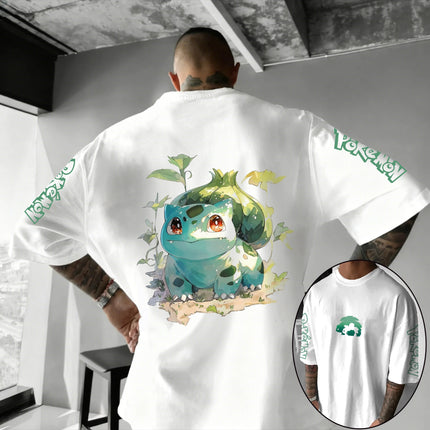2026 Summer Pokemon Starter Ink Wash Double Sided Print T-Shirt, 100% Cotton Loose Casual Oversized Tee for Adults & Kids Y2k
