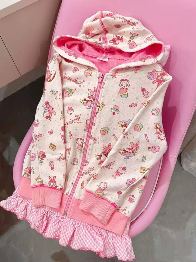 Cute Japanese Printed Cardigan Women Y2K Fairy Grunge Ruffle Patchwork Outerwear Sweet Lolita Harajuku Style Daily Casual Outfit
