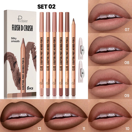 6pcs Berry Purple Lip Liner Pencil Set Velvet Matte Wooden Lipliner Lipstick Pencil Long-Lasting Pink Brown Lip Contour Pencil