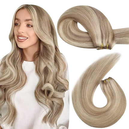 Moresoo Sew in Hair Extensions Weave Hair Human Bundles Machine Remy Hair 100 Gram Double Weft Soft Straight Human Hair Weft