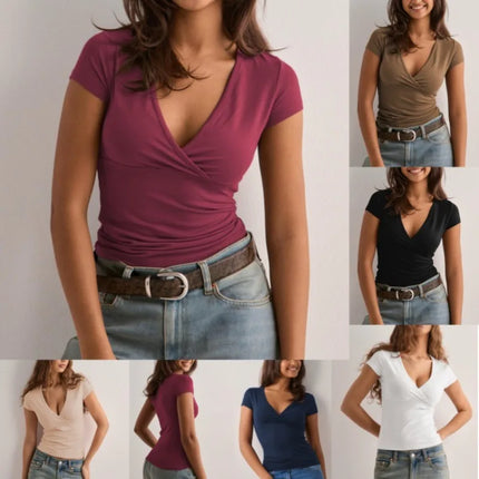 2025 Summer New Fashion Women's T-Shirt Solid-Color Slim-Fit V-Neck Short-Sleeve Top Y2k Clothing