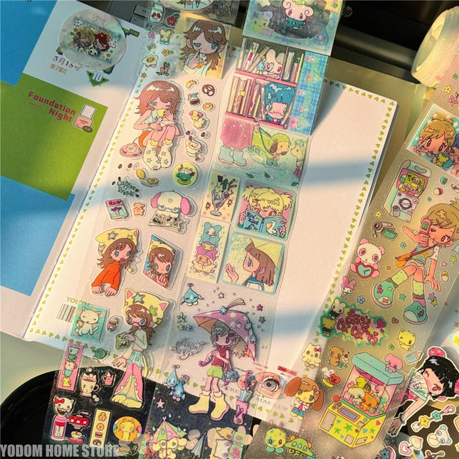 Cute Hand Drawn Anime Girl Stickers, Decorative Craft Material for Scrapbooking, Non-Roll Sticker Sheets