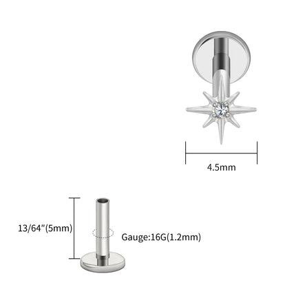 Right Grand ASTM F136 Titanium CZ North Star Flat Back Earring 16G Tiny Starburst Helix Cartilage Stud Earlobe Piercing Jewelry