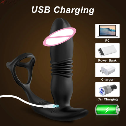 Wireless Remote Control Male Thrusting Prostate Massager 3 Moto Anal Plug Dildo Butt Plug Sex Toys for Men Telescopic Cock Ring
