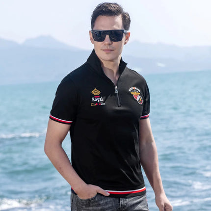 New Men's Standing Collar Short Polos Bruce&Shark Summer Men's Thin 100% Cotton Tops Fashion Embroidery Polos Man Big Size 4XL