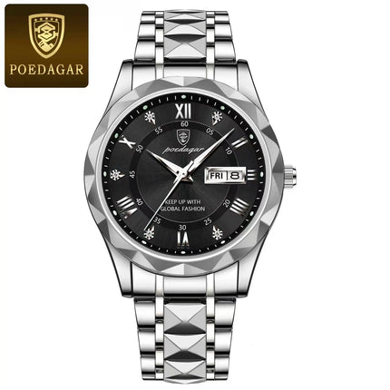 POEDAGAR Luxury Men Wristwatch Waterproof Luminous Date Week Watch For Man Stainless Steel Men's Watches Quartz Male Clock Sport