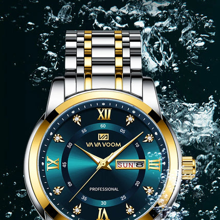 VA VA VOOM Luxury Watch Men Gold Blue Rhinestone Stainless Steel Business Style Original Quartz Movement Week Couple Men Watches