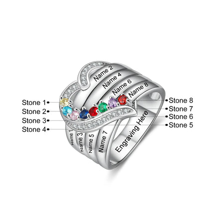 Personalized Family Names Ring With Birthstone Custom Silver Engraved Finger Rings CZ Heart Ring For Women Mother's Day Gifts