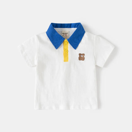 2026 Summer Boys' Polo Shirt Bear Patchwork Kids' Clothing Children's Top Wear Boys' Clothing Short Sleeve Toddler Outfits