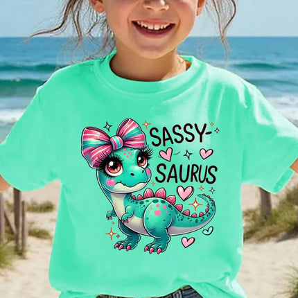 Girls' Kawaii Cartoon Dinosaur Graphic T-Shirt Cute Pink Bow Hearts Print T-Shirt Kids Short Sleeve Tee Y2k Children's Clothing