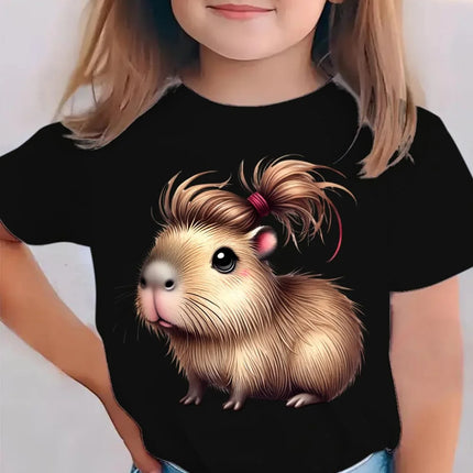 2026 Children's T-Shirt Cute Capybara Cartoon Print Casual Short-Sleeve Tee Summer Children Top O-Neck Fashion T-Shirt for Girls