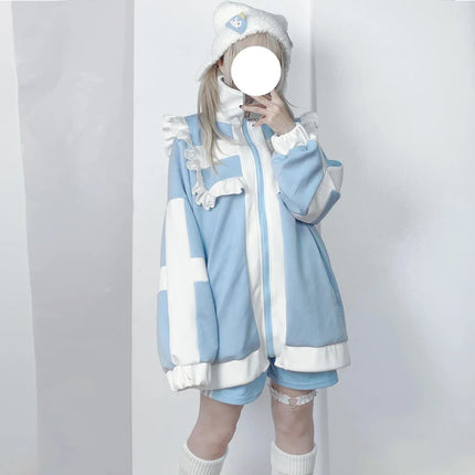 Women clothing Y2K Sweet stitch Subculture Patchwork Hoodies Women's Autumn Winter Ruffled Hoodie with Fleece Loose Zipper shirt