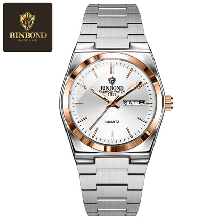 BINBOND 102 Couple Quartz Watch Men's Original Watch Waterproof Night Light Date Week Stainless Steel Men's and Women's Watch