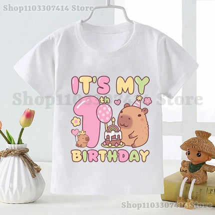 Capybara Girl Anime Cotton T-shirt Kids Cartoon Cute Top Number 1-10 Pattern Print Tee Summer Birthday Party Clothing Gifts 2025