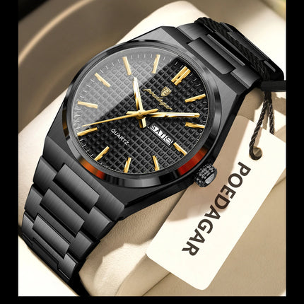 POEDAGAR Luxury Fashion Men's Wristwatch Waterproof Luminous Date Week Man Clock Stainless Steel Quartz Business Watches For Men