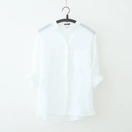 Plus-size Women Long-sleeved Shirt - linen Women's Top, Simple Solid Color Retro Shirt, 2025 Summer Korean-style Clothing