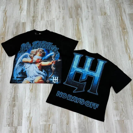 90s Comfortable Printed Fire Element Pure Cotton Series Short-Sleeves Black Minimalism American Street Casual Sports T-shirts