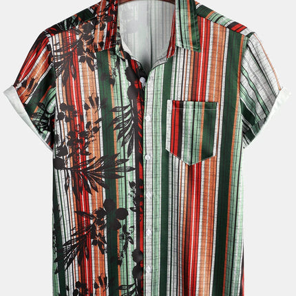 Summer Mens Striped Floral Patchwork Hawaiian Shirt 3D Print Short Sleeve Pocket Casual Oversized Beach Camisa Havaiana Listrada