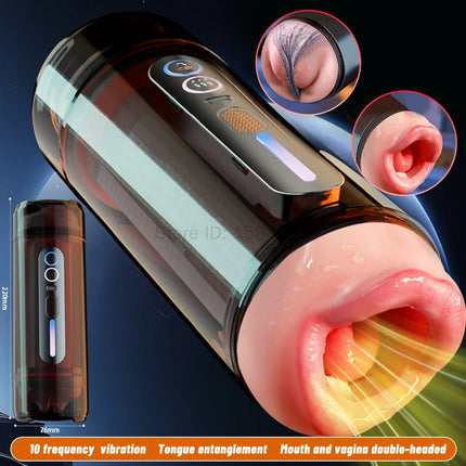 Automatic Vibrating Male Masturbation Cup Mouth Vagina Double-Head Dual Penetration Blowjob Moaning Pocket Pussy Sex Toy for Men
