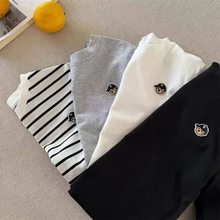 Children's Long Sleeved T-Shirt, Pure Cotton Breathable Base Shirt, Spring Boys and Girls Cartoon Teddy Bear Striped Base Shirt