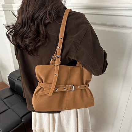Minimalist Solid Color Tote Bag PU Belt Buckle Detail Lightweight Suede Zipper Large Spacious Shoulder Bag for Travel Commute