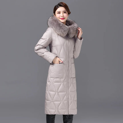 Shengyu Boya Over-The-Knee Long Down Jacket for Middle-Aged and Elderly Women, Thickened with Raccoon Fur Collar, New Winter Coat